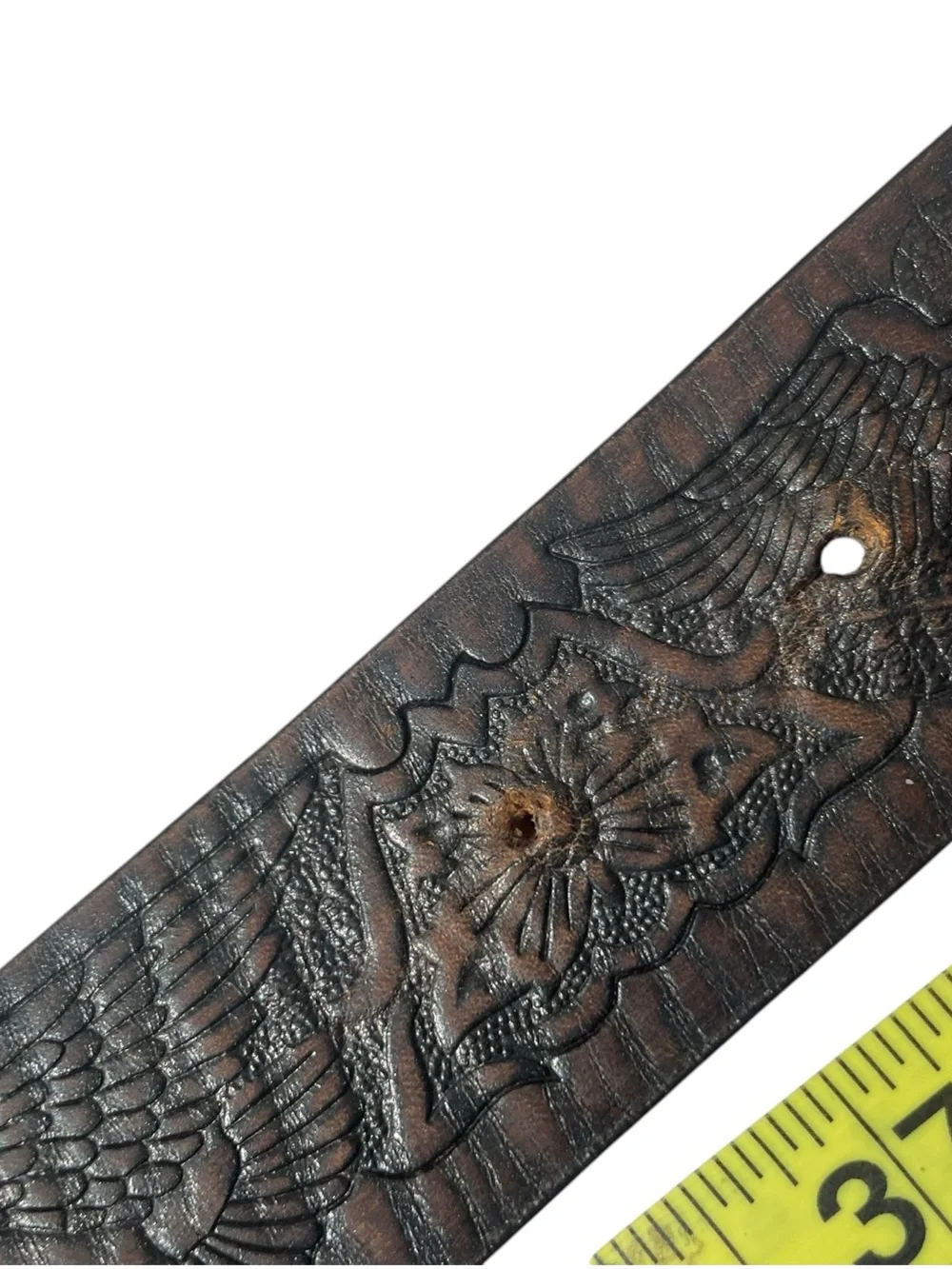 TOOLED Leather Eagle Belt Brown Pewter Buckle Men's Sz XL USA Americana Western